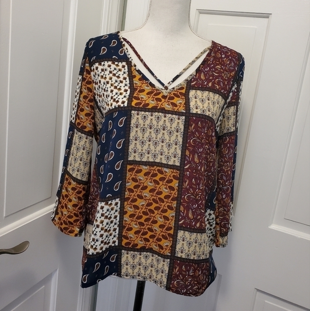 Pink Rose Patchwork Print Blouse Rolltab sleeve, Size Medium, Classic